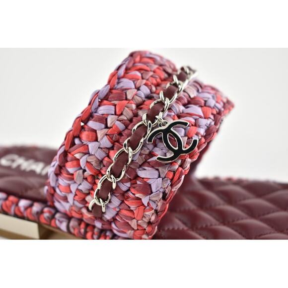 Chanel 20S Red Purple Raffia Tweed CC Chain Logo Mule Slide Strap Flat Sandal 36 - Picture 4 of 12